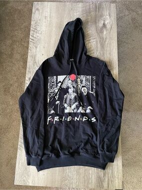 Black Graphic Pullover Hoodie with FRIENDS Logo and Red Accent